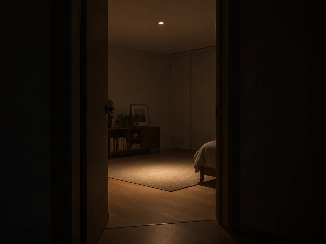 열린 문 너머로 낮게 조절된 따뜻한 빛 하나가 방 바닥에 경계가 뚜렷한 웅덩이를 만들고 있다